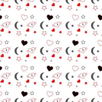 Seamless pattern with red hearts and black stars on white background. Vecto.. Stock Illustration