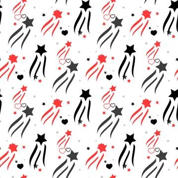 Seamless pattern with red hearts and black stars on white background. Vecto.. Stock Illustration