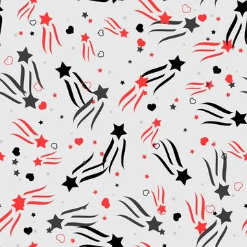 Seamless pattern with red hearts and black stars on white background. Vecto.. Stock Illustration