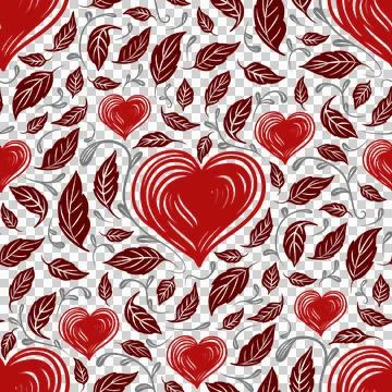 Seamless pattern with red hearts and leaves background Stock Illustration