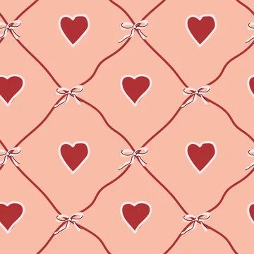 Seamless pattern with red hearts and bows on pink background イラスト素材