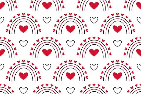 Seamless pattern with red hearts and rainbows on a white background. Flat vector Stock Illustration