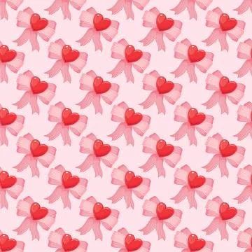 Seamless Pattern of Red Hearts and Pink Tulle Bows イラスト素材