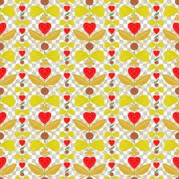 Seamless pattern with red hearts and yellow floral elements in folk art style 库存插图