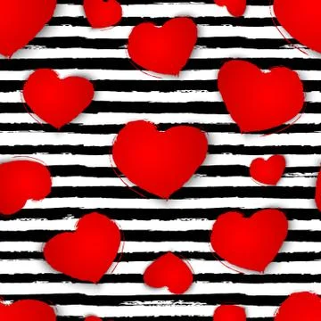 Seamless pattern with red hearts on black and white stripes background. Vecto Stock Illustration