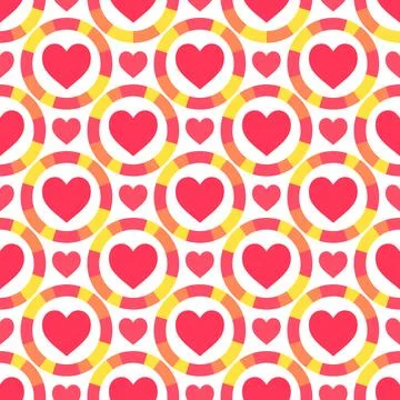 Seamless pattern with red hearts centered within colorful  rings on white b.. Stock Illustration