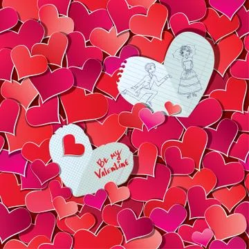 Seamless pattern with red hearts confetti and two big paper hearts with hand Stock Illustration