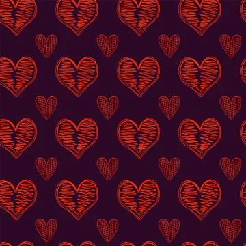 Seamless pattern of red hearts on a dark purple backdrop. 스톡 일러스트