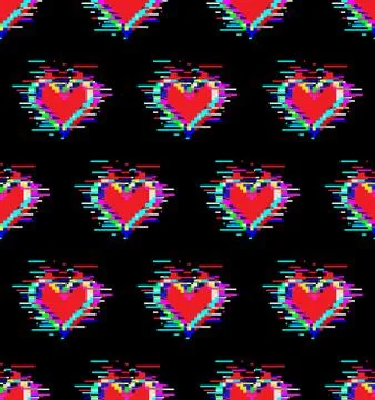 Seamless pattern of red hearts with glitch effect Stock Illustration