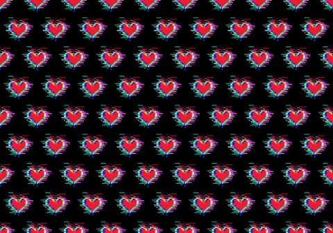 Seamless pattern of red hearts with glitch effect Stock Illustration