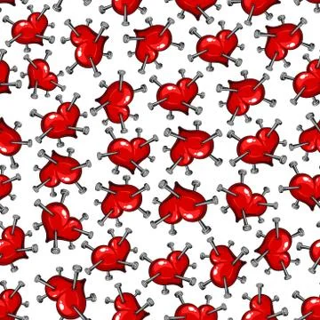 Seamless pattern of red hearts pierced with nails Illustrazione stock