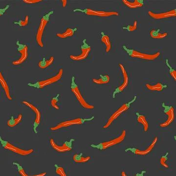 Seamless pattern with red hot chile peppers on black background. Vector illus 스톡 일러스트