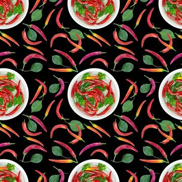 Seamless pattern with red hot chili pepper on a black background. Top view Stockfoto's