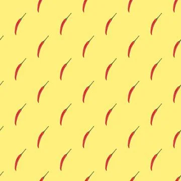 Seamless pattern of red hot chili pepper on a yellow background. Top view Stock Photos