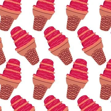 Seamless pattern with red ice cream in waffle cone with simple shapes 스톡 일러스트