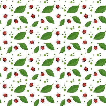 Seamless pattern with red ladybug and green leaves on background. Stock Illustration