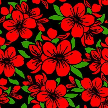 Seamless pattern of red large exotic flowers with a black outline on a black Stock Illustration