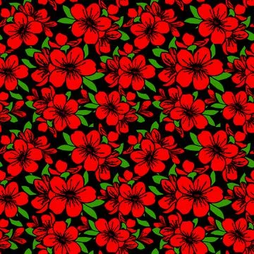 Seamless pattern of red large exotic flowers with a black outline on a blac.. Stock Illustration