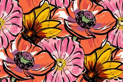 Seamless pattern. Red large flowers. Poppies, rudbeckia and mallow. Stock Illustration
