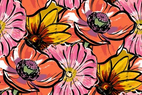 Seamless pattern. Red large flowers. Poppies, rudbeckia and mallow. Illustrazione stock