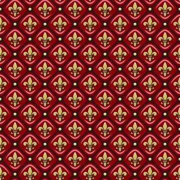 Seamless pattern with red leather upholstery, golden fleur-de-lis. Stock Illustration