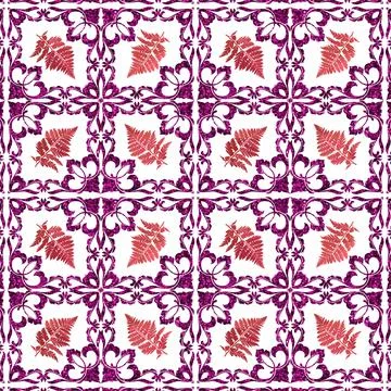 A seamless pattern of red leaves inside blue decorative corner frames on whit Stock Illustration