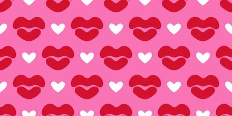 Seamless pattern with red lips and white hearts on vibrant pink background 스톡 일러스트