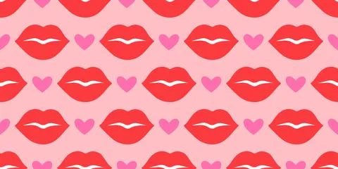 Seamless pattern with red lips and pink hearts on pink background. Flat design Stock Illustration