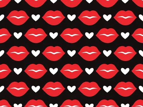 Seamless pattern with red lips and white hearts on black background. Flat design Stock Illustration