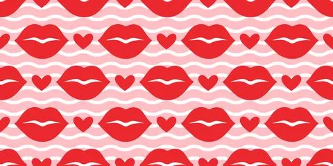 Seamless pattern with red lips and hearts on pink background. Flat design bright Stock Illustration