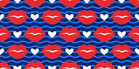 Seamless pattern with red lips and white hearts on blue wavy background. Flat Stock Illustration