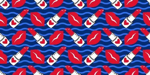 Seamless pattern with red lips and lipstick on blue wavy background. Flat design Stock Illustration