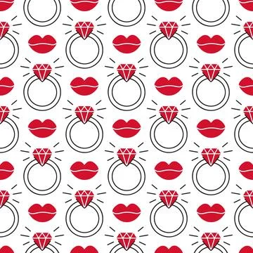 Seamless pattern of red lips and diamond rings on white background. Doodle Stock Illustration