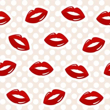 Seamless pattern with red lips on a beige polka dot background Stock Illustration