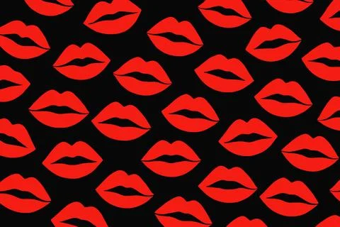 Seamless Pattern Red Lips on Black Background イラスト素材