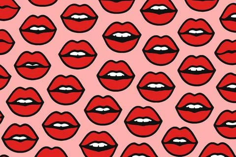 Seamless Pattern of Red Lips on Pink Background Stock Illustration