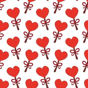 Seamless pattern with red lollipop candies in form hearts and bows. イラスト素材
