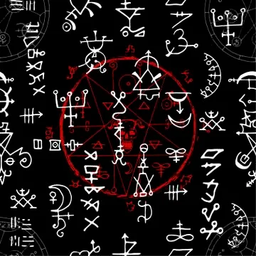 Seamless pattern with red magic seal and alchemy signs on black background Illustrazione stock