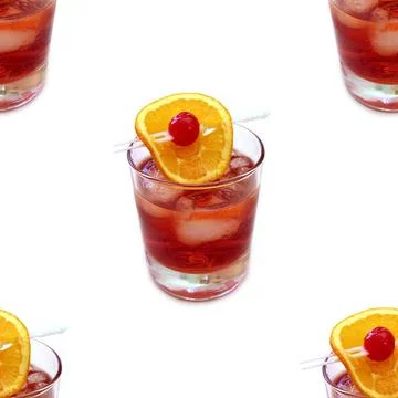 Seamless pattern. Red mixed drink with ice, cherry and orange slice. Seaml... 스톡 사진