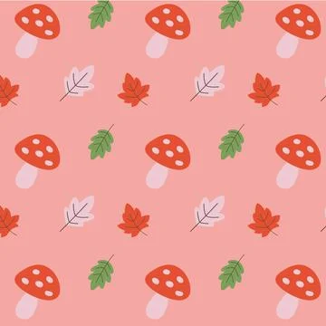 Seamless pattern with red mushrooms and autumn leaves on a pink background .. Stock Illustration