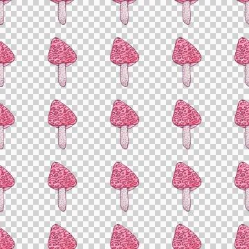 Seamless pattern of red mushrooms isolated on white, hand drawn with pen Stock Illustration