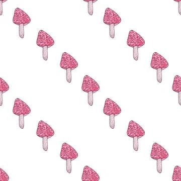 Seamless pattern of red mushrooms isolated on white, hand drawn with pen Stock Illustration