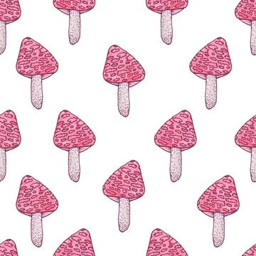 Seamless pattern of red mushrooms isolated on white, hand drawn with pen Stock Illustration