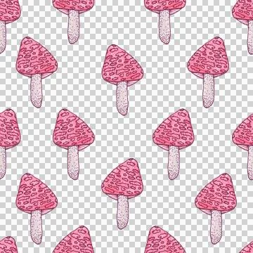 Seamless pattern of red mushrooms isolated on white, hand drawn with pen Stock Illustration