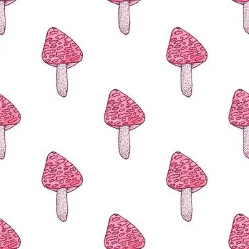 Seamless pattern of red mushrooms isolated on white, hand drawn with pen Stock Illustration