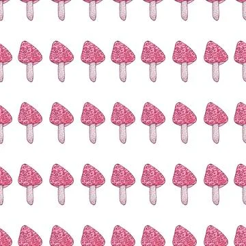 Seamless pattern of red mushrooms isolated on white, hand drawn with pen Illustrazione stock