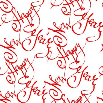 Seamless pattern with red ornate lettering calligraphy phrase Happy New Year, Stock Illustration