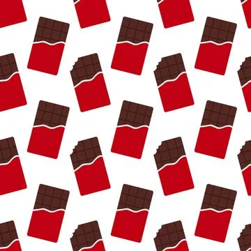Seamless pattern with red packaging chocolate bars. Whole and bitten Stock Illustration