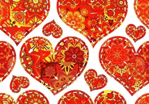 Seamless pattern with red patchwork hearts. Beautiful valentine background with Illustrazione stock