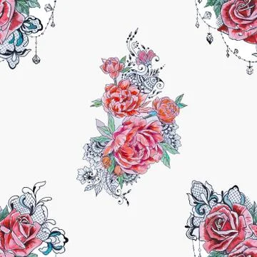 Seamless pattern of red peony and roses on a white background. Stock Illustration